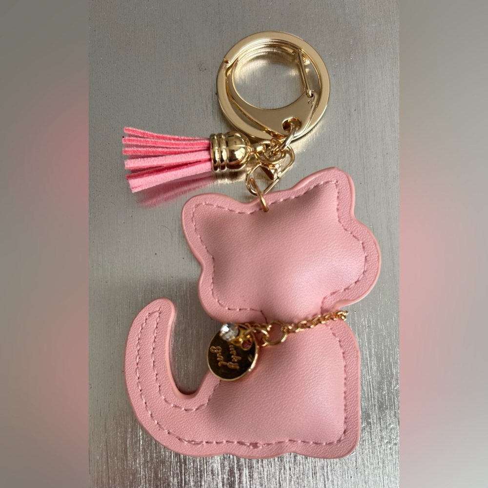 Pink Cat Bag charm/ Keychain with Gold Accents